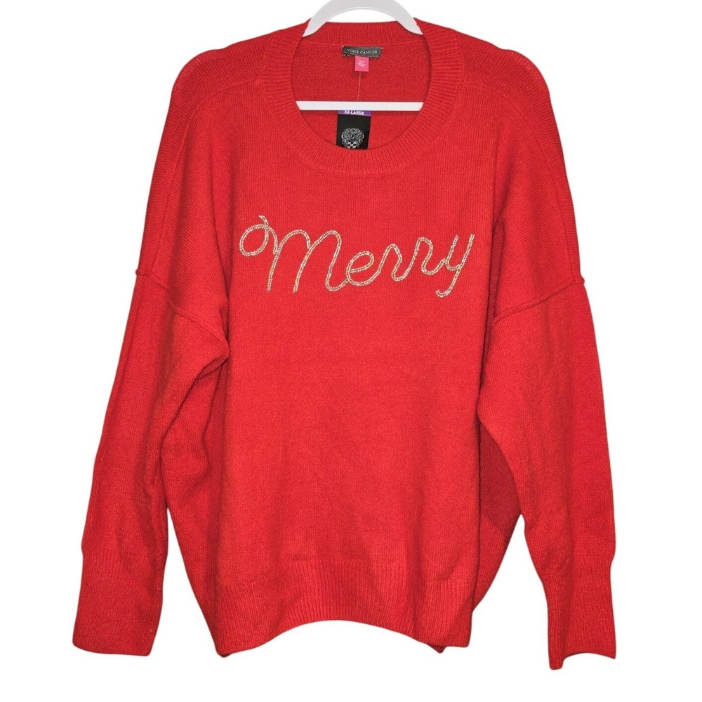 Vince Camuto Womens Red Merry Beaded Holiday Sweater XXL SC1195‎ New